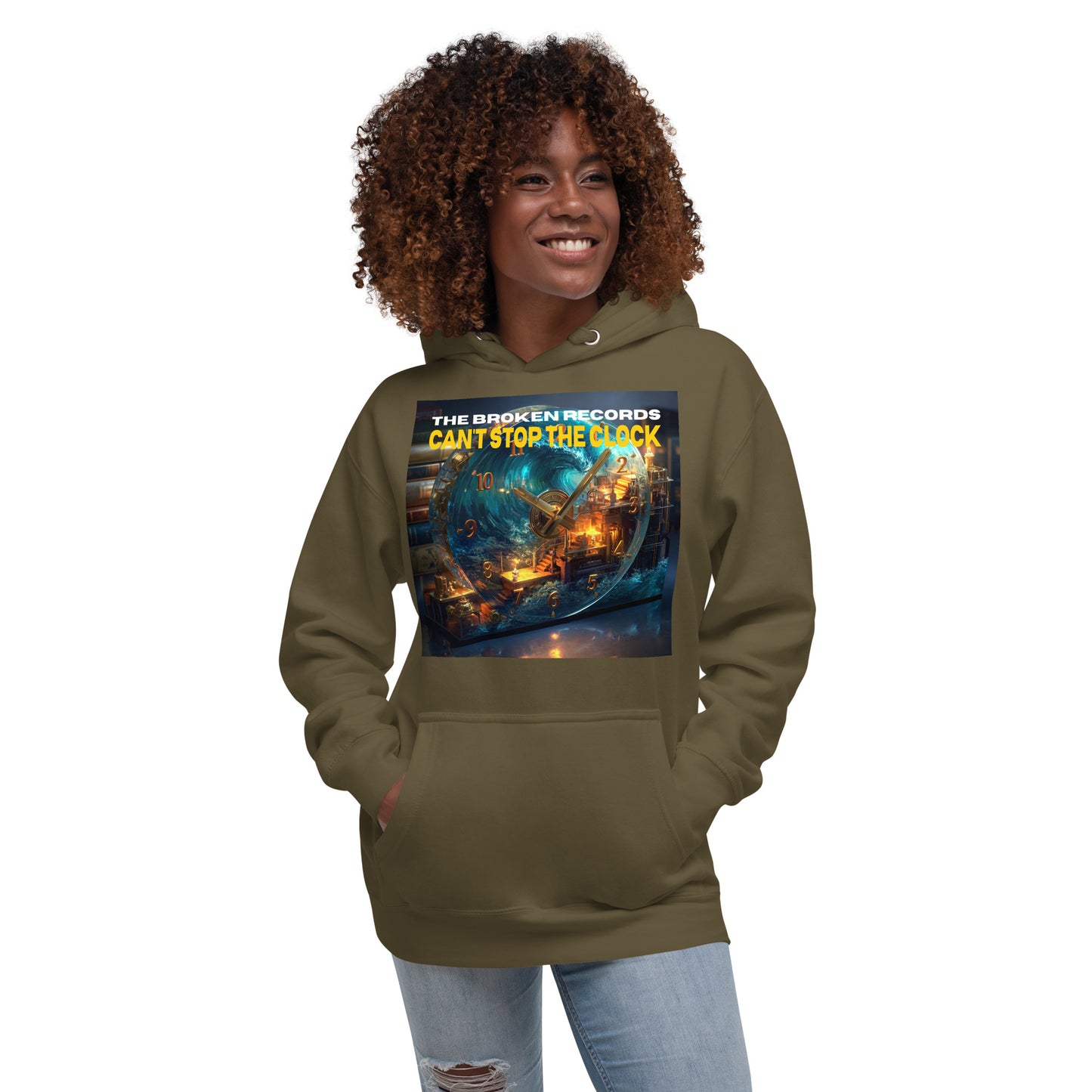 Can't Stop the Clock 1 Unisex Rock Band Hoodie - Military Green