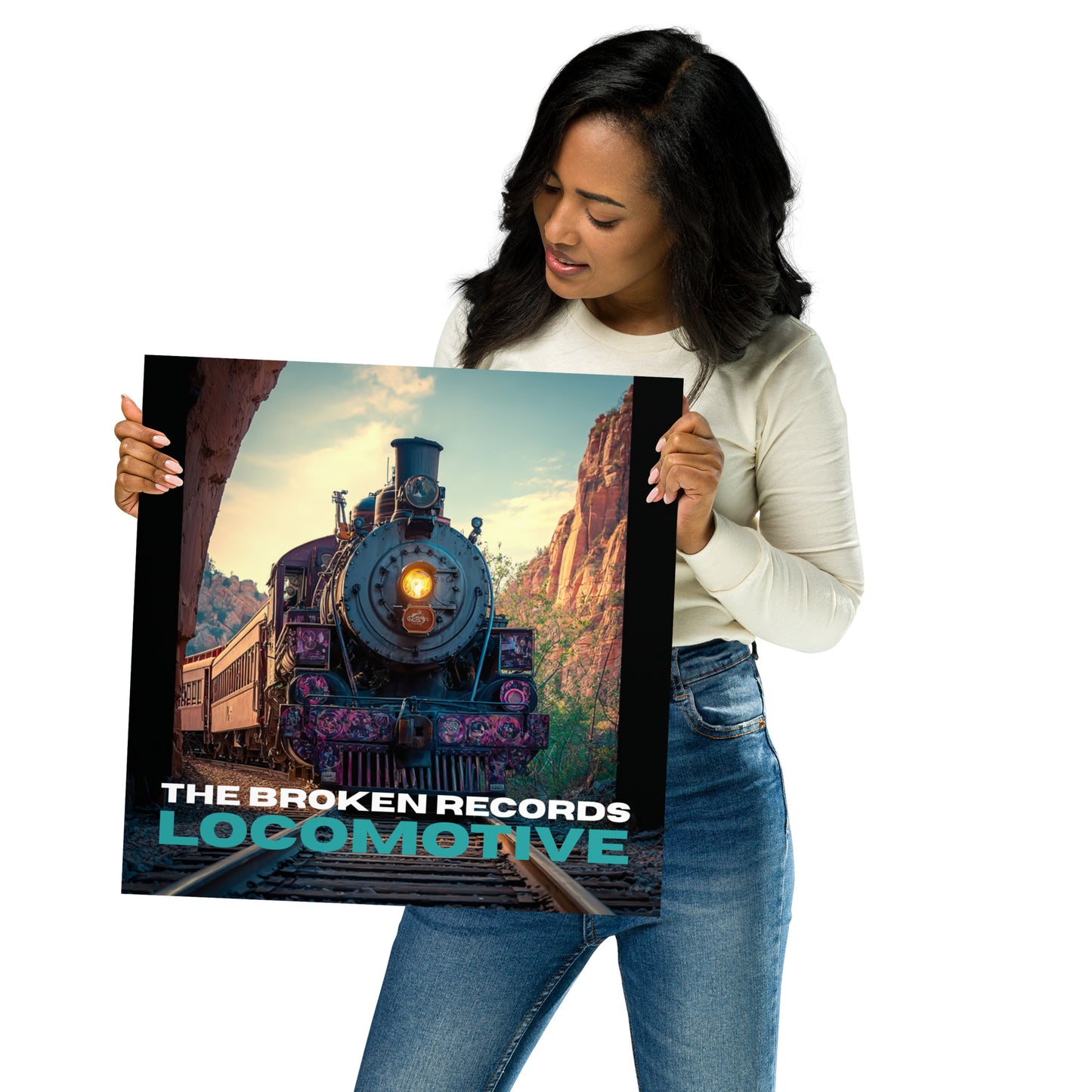 Locomotive Album Art Poster 16” by 16” held by a model