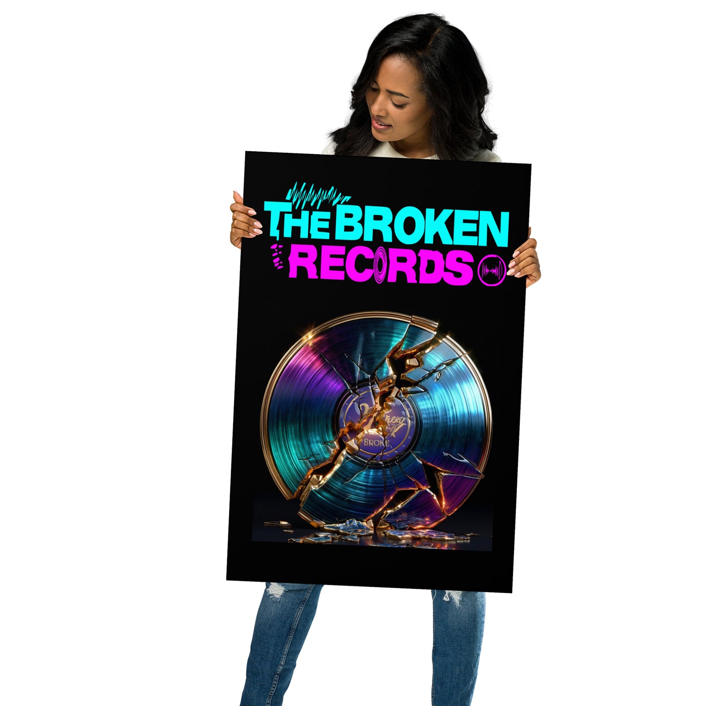 The Broken Records Album Art Poster 20” by 30” held by a model