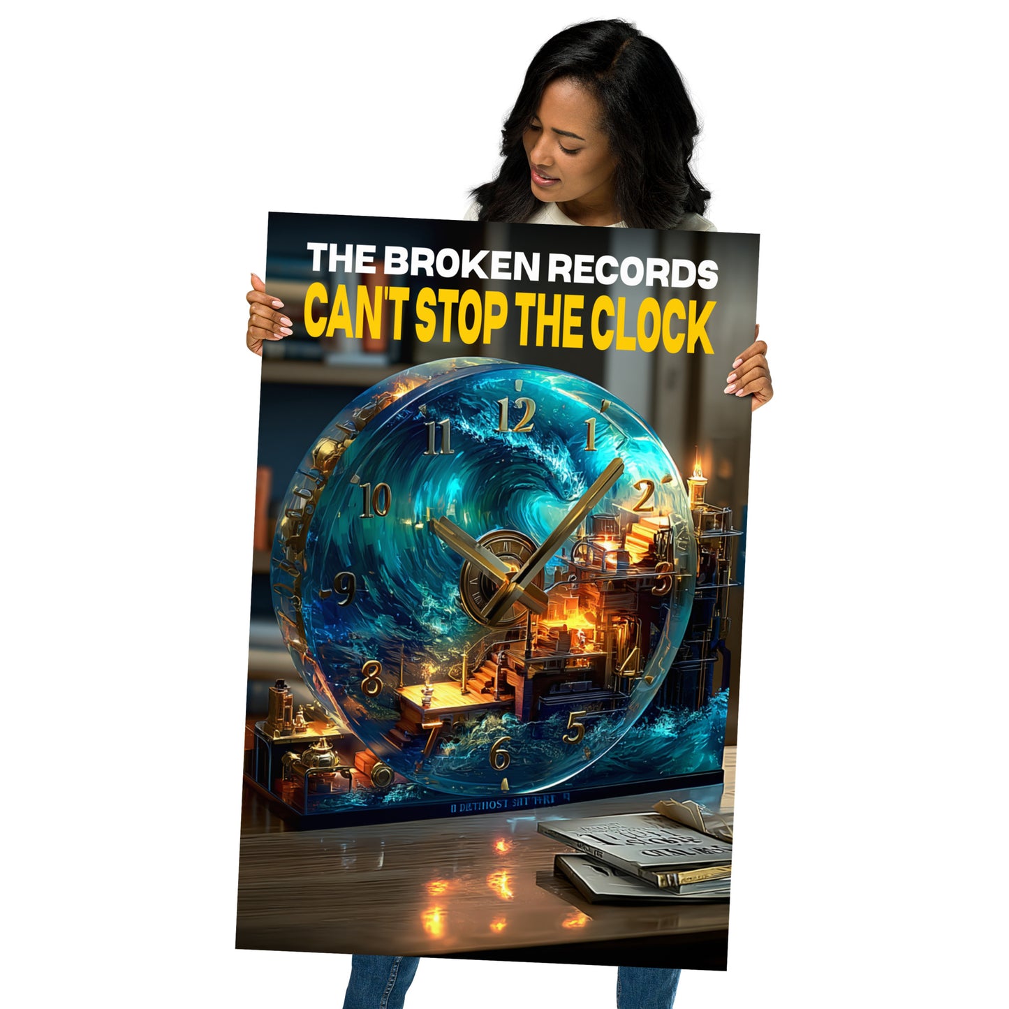 Can’t Stop the Clock Album Art Poster 24” by 36” held by a model
