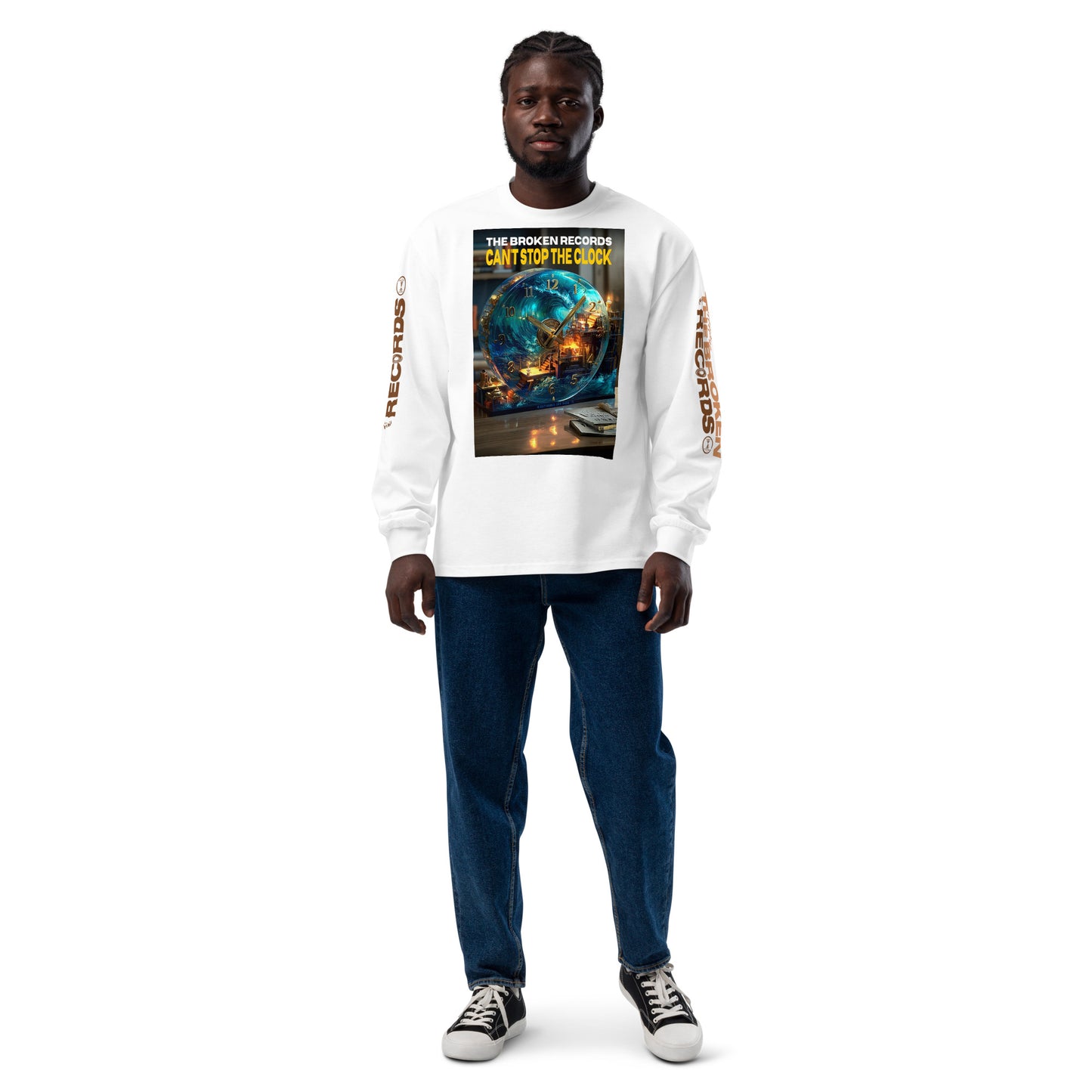 Can’t Stop the Clock Unisex Premium Heavyweight Long Sleeve Rock Band Shirt - White