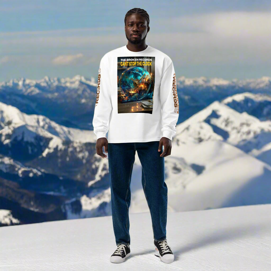 Can’t Stop the Clock Unisex Premium Heavyweight Long Sleeve Rock Band Shirt - White