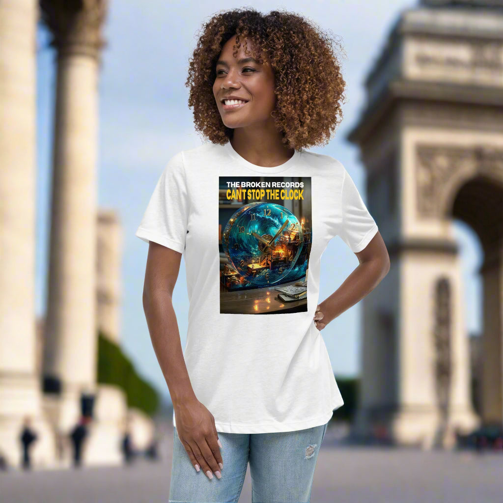 Can't Stop the Clock 1 Women's Relaxed Rock Band T-Shirt - White