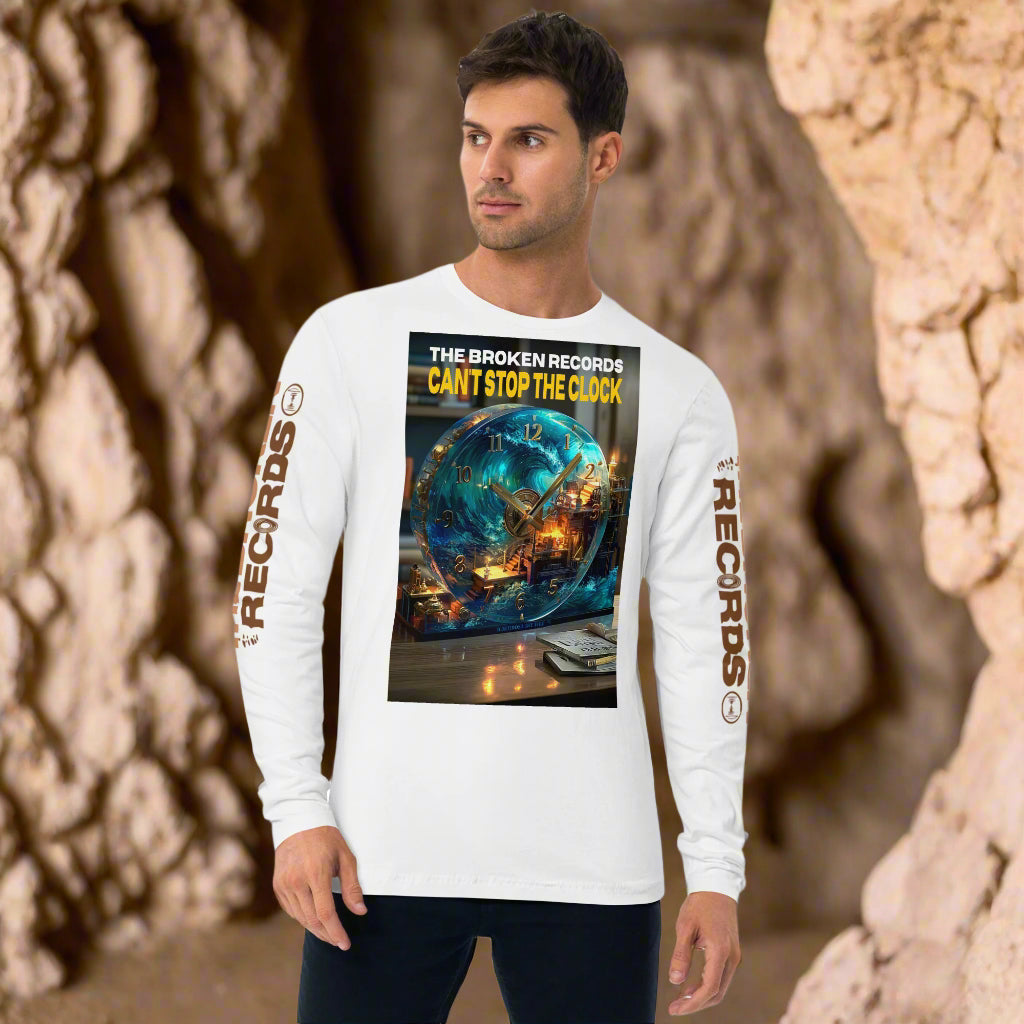 Can't Stop the Clock 1 Long Sleeve Fitted Crew Rock Band T-Shirt - White