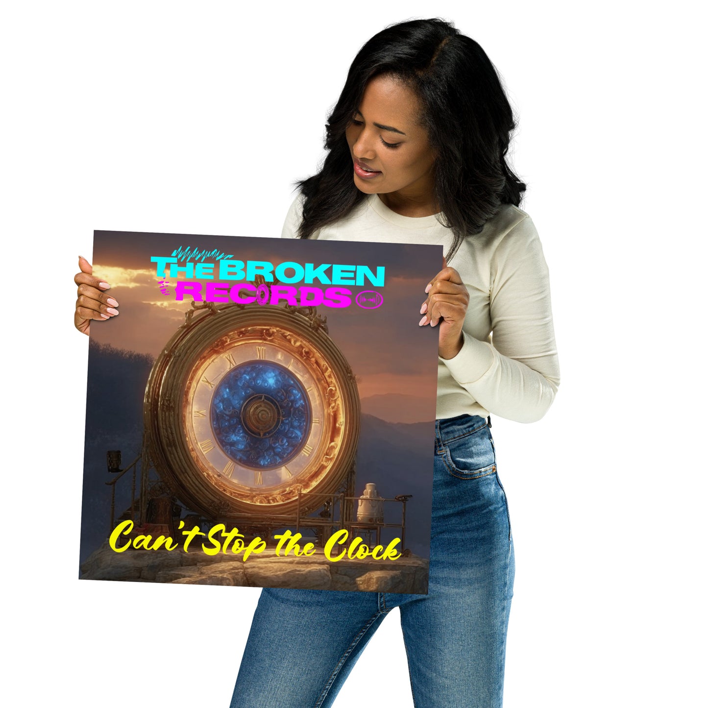 Can’t Stop the Clock Album Art Poster 16” by 16” held by a model 
