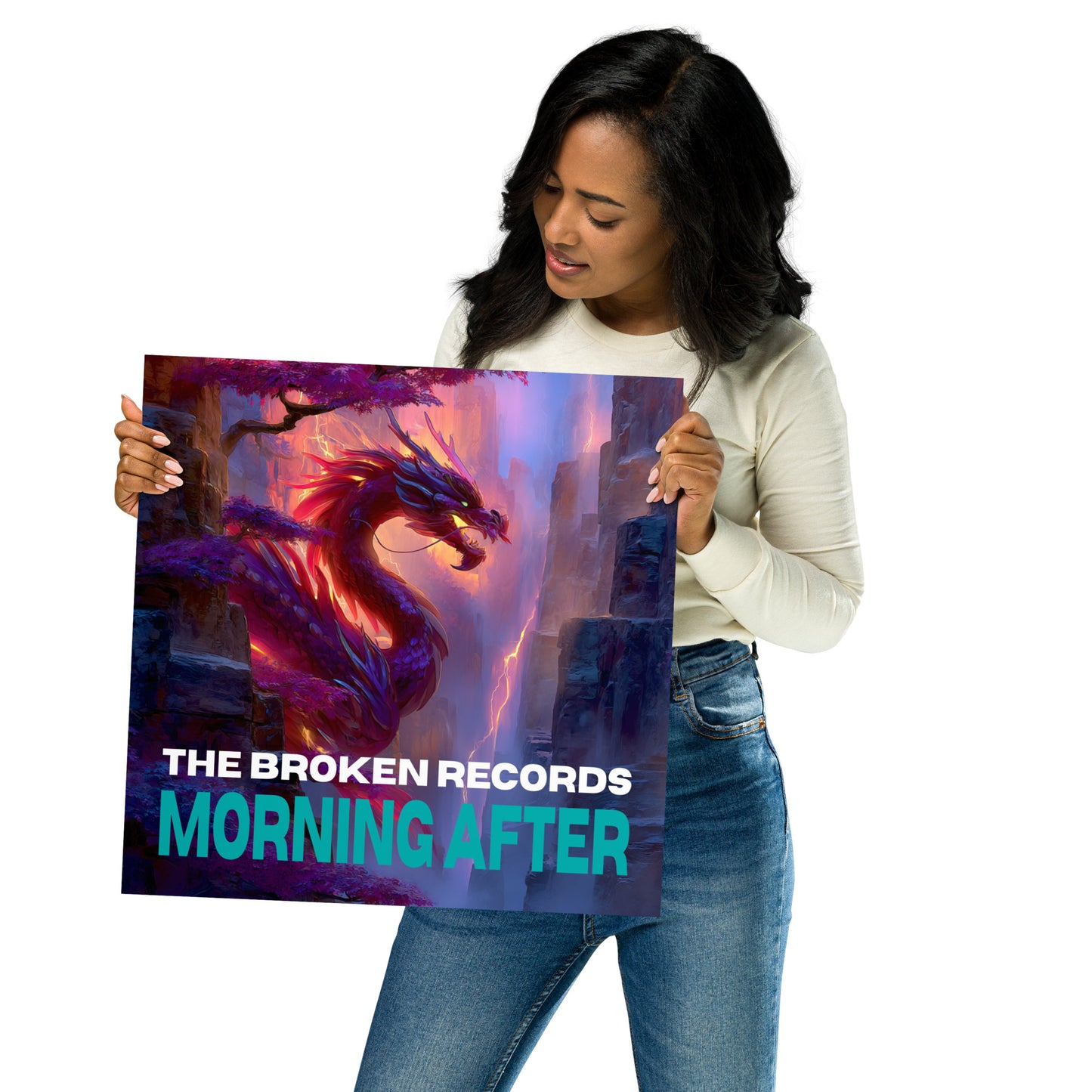 Morning After Album Art Poster 16” by 16” held by a model 