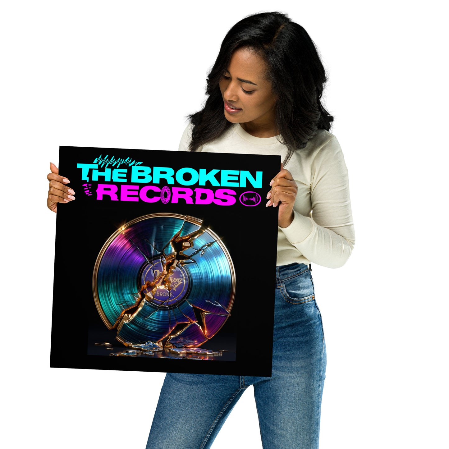 The Broken Records Album Art Poster 16” by 16” held by a model 