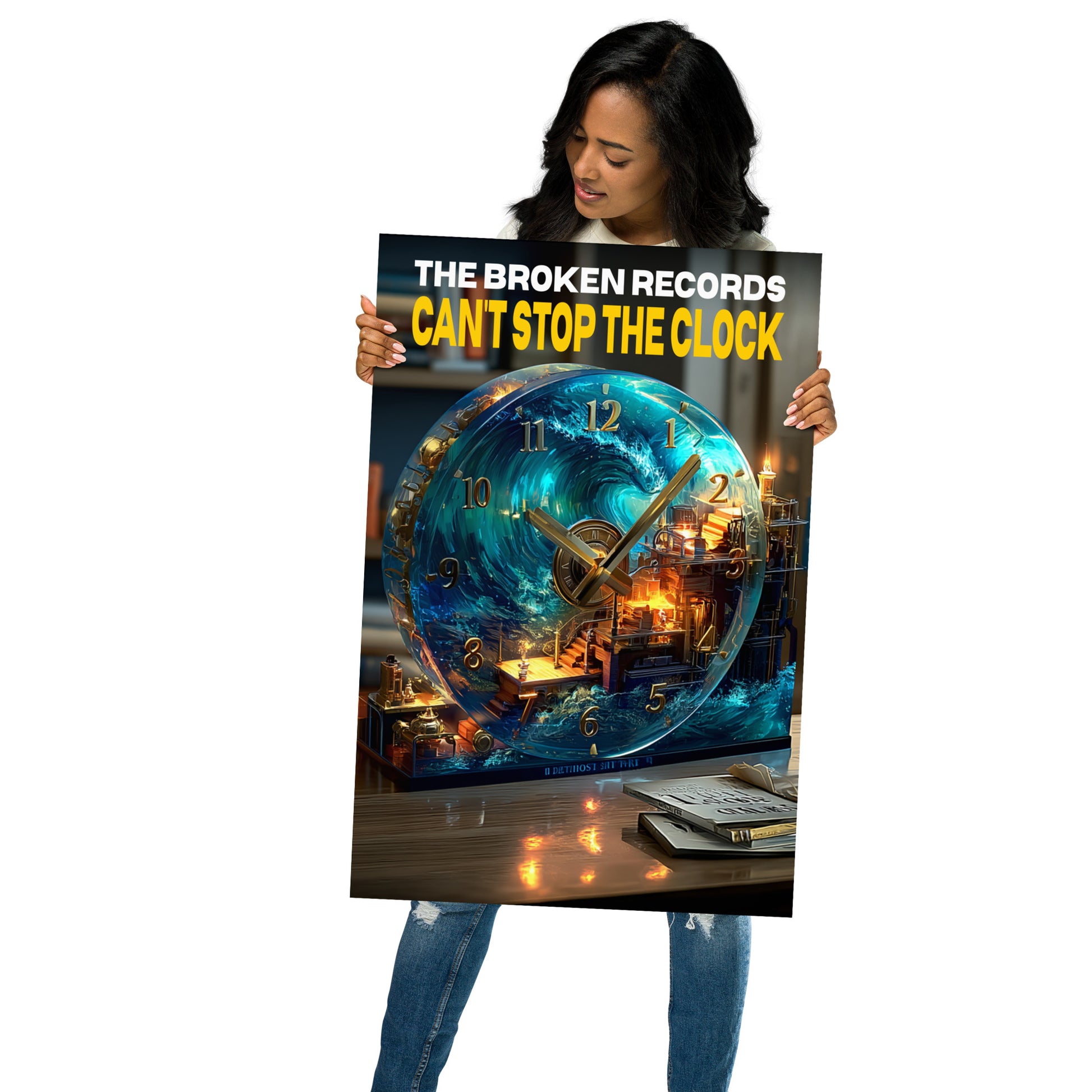 Can’t Stop the Clock Album Art Poster 20” by 30” held by a model 