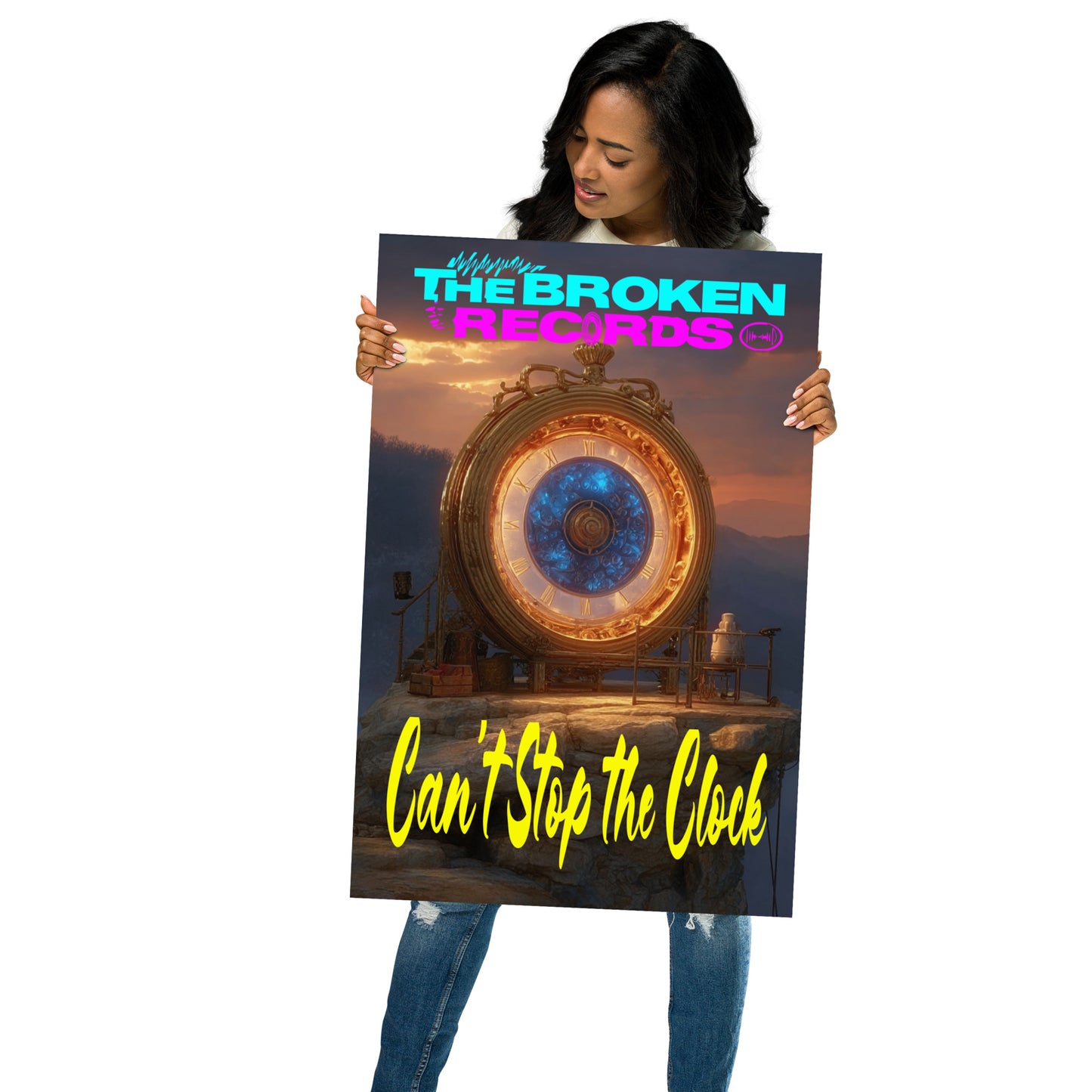 Can’t Stop the Clock Album Art Poster 20” by 30” held by a model 