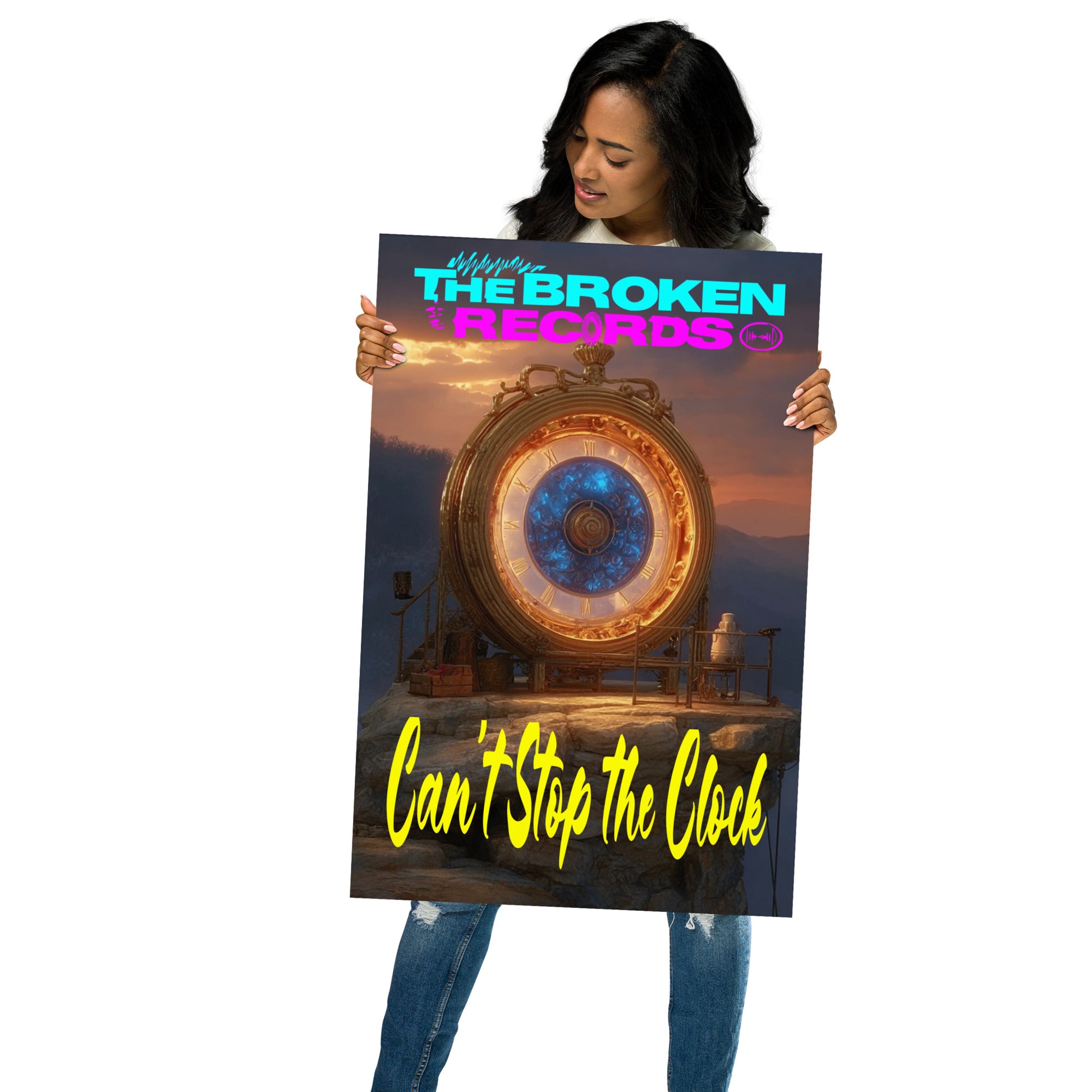 Can’t Stop the Clock Album Art Poster 20” by 30” held by a model 