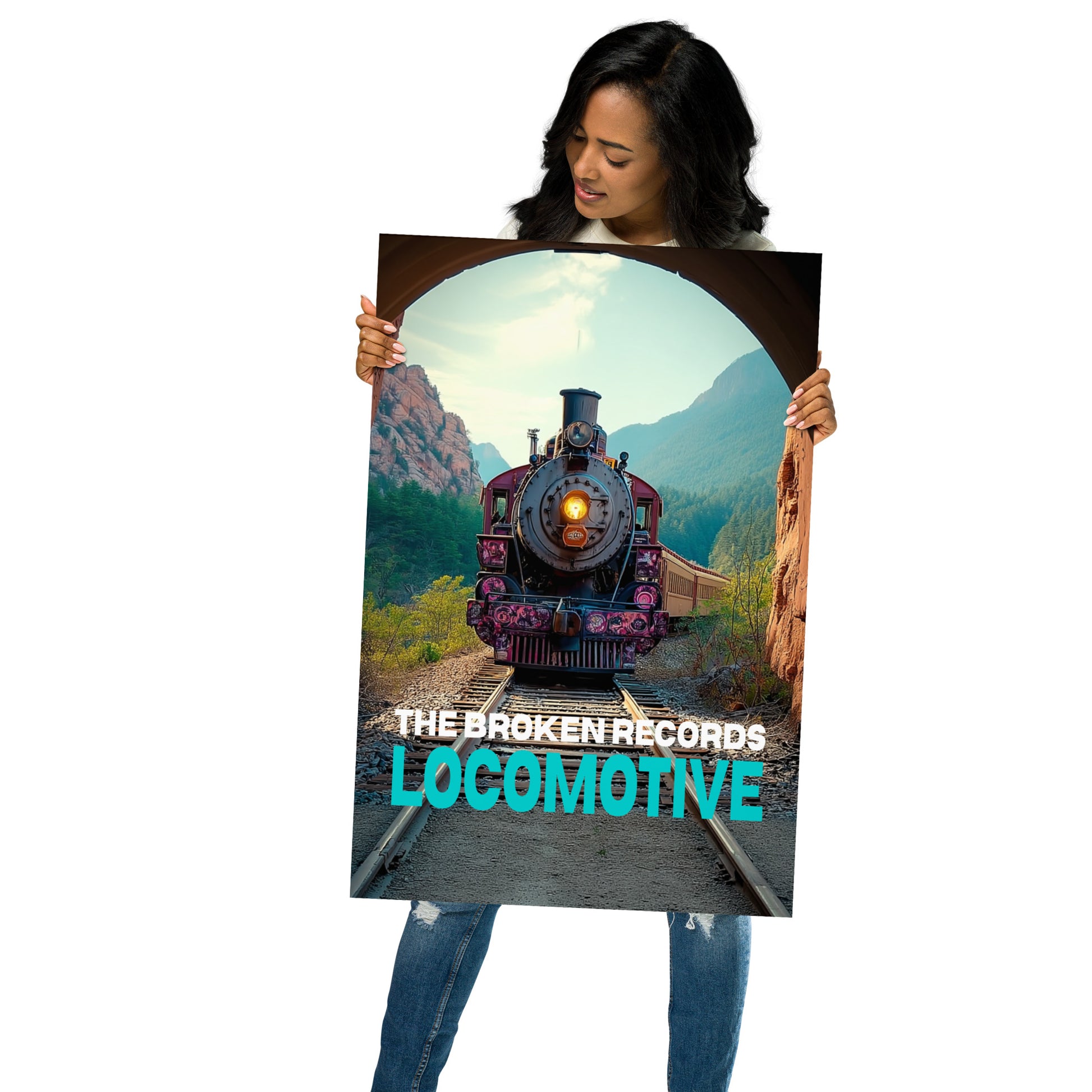 Locomotive Album Art Poster 20” by 30” held by a model 