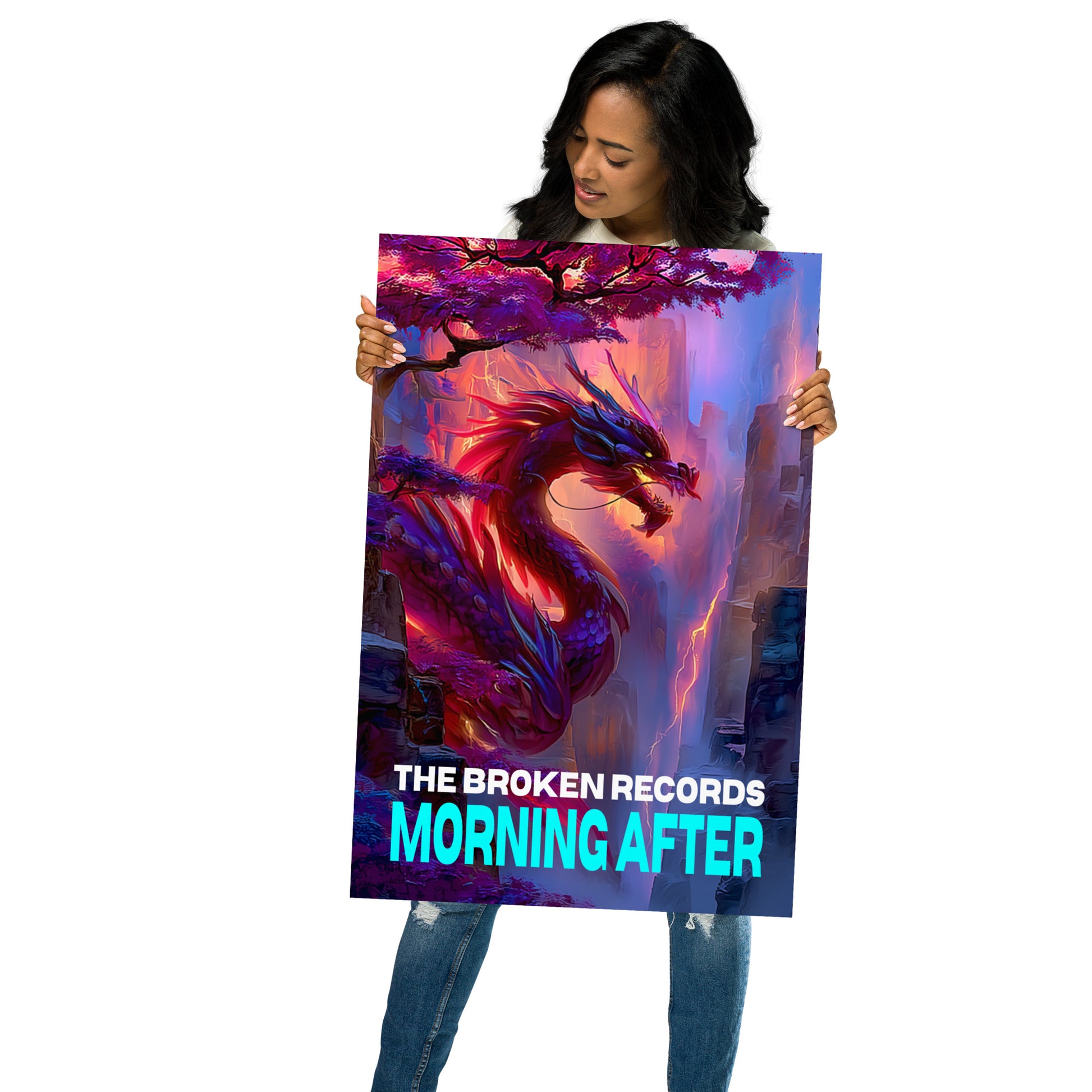 Morning After Album Art Poster 20” by 30” held by a model 