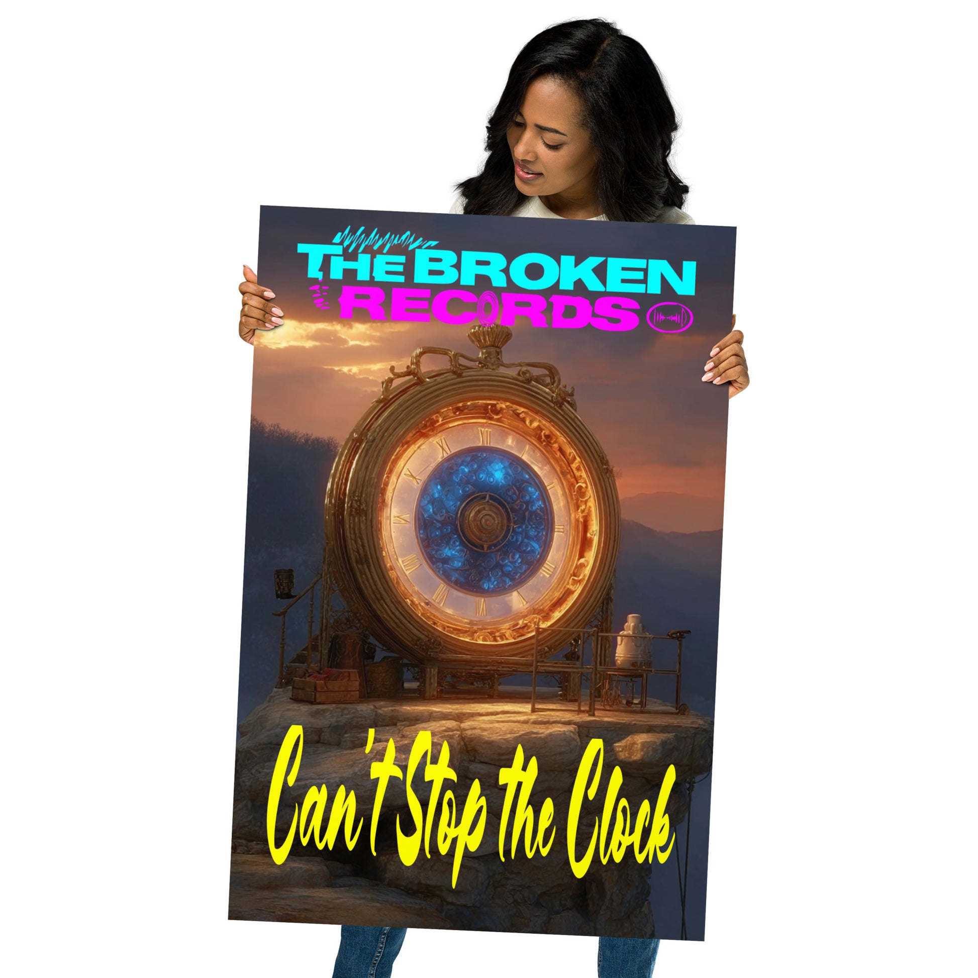 Can’t Stop the Clock Album Art Poster 24” by 36” held by a model 