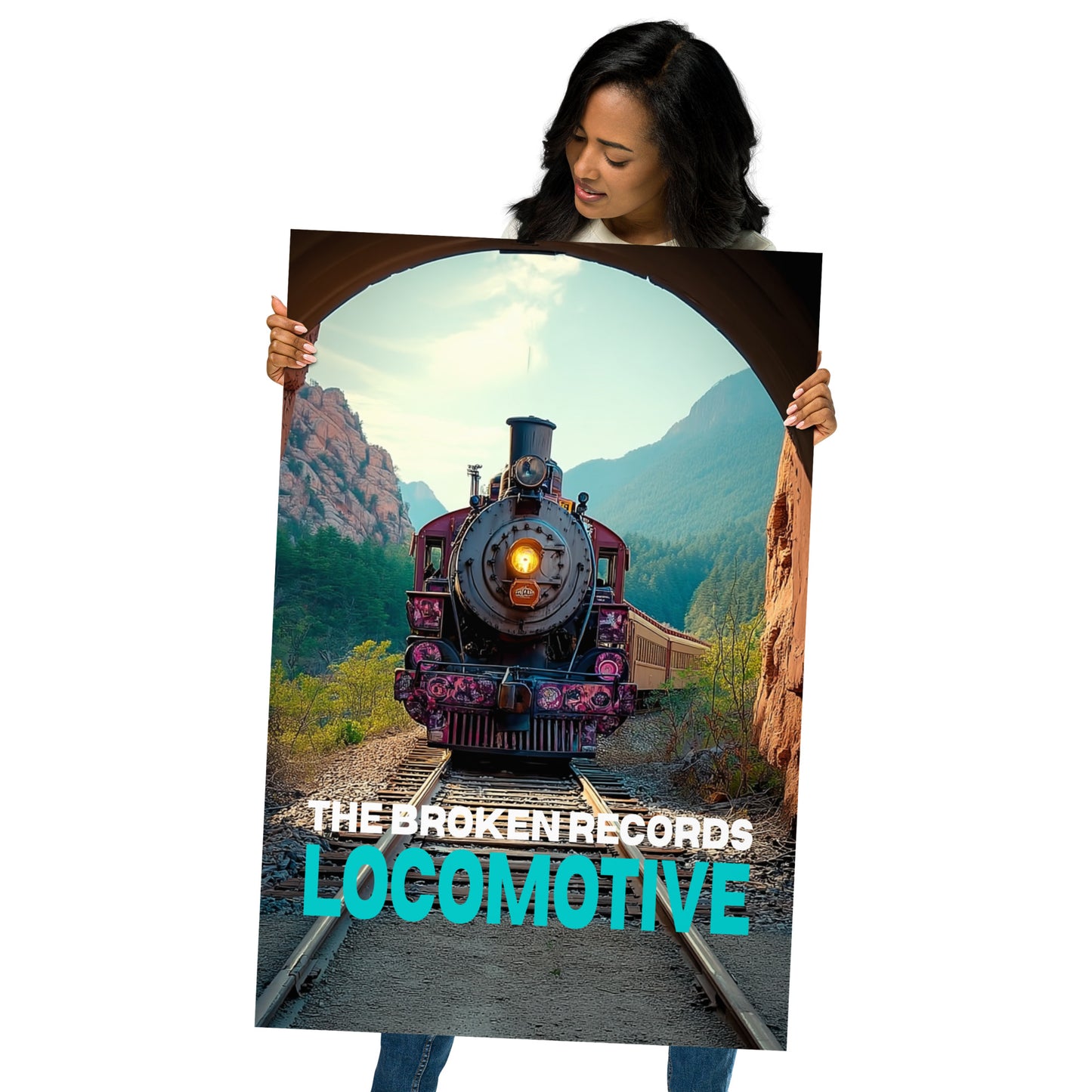 Locomotive Album Art Poster 24” by 36” held by a model 