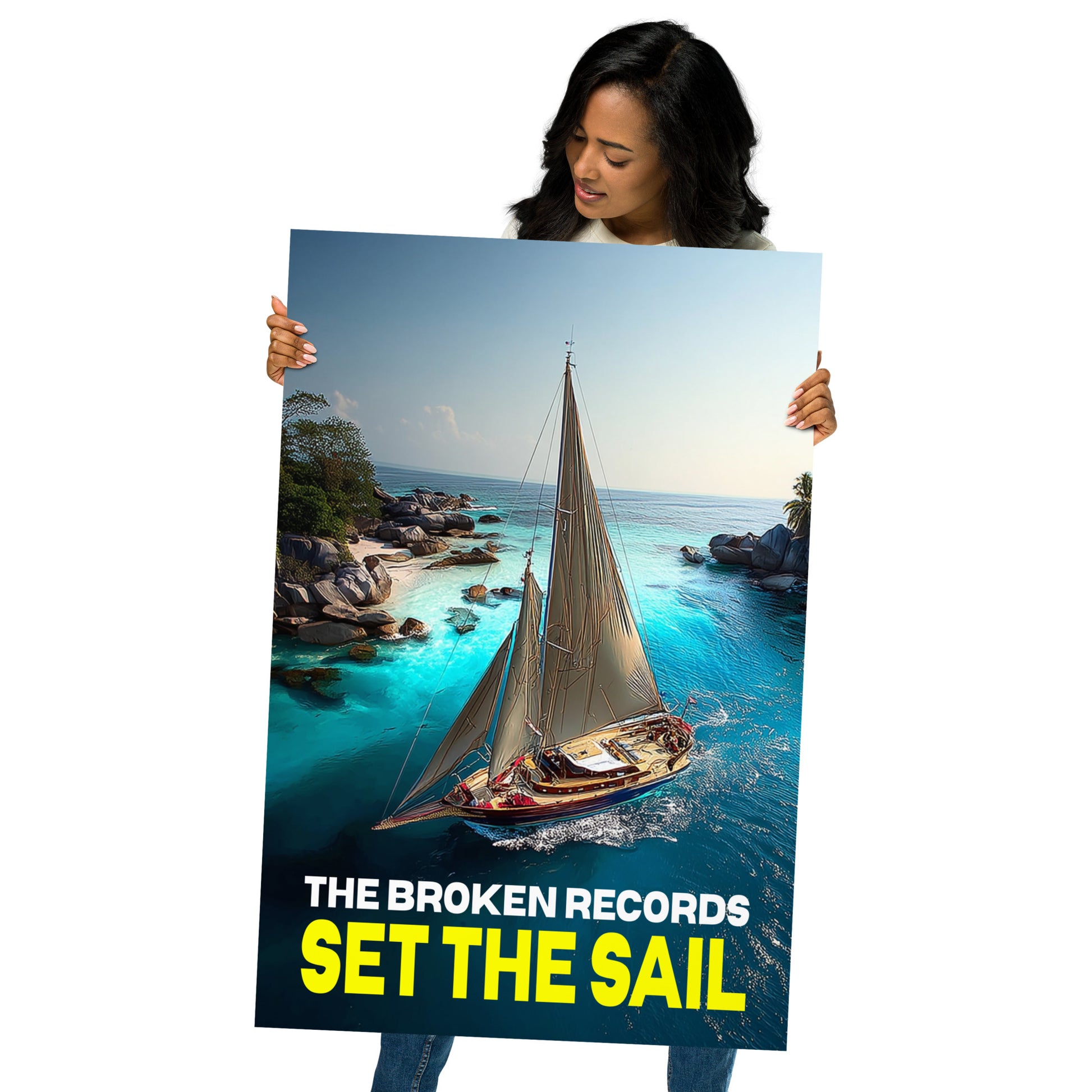 Set the Sail Album Art Poster 24” by 36” held by a model 