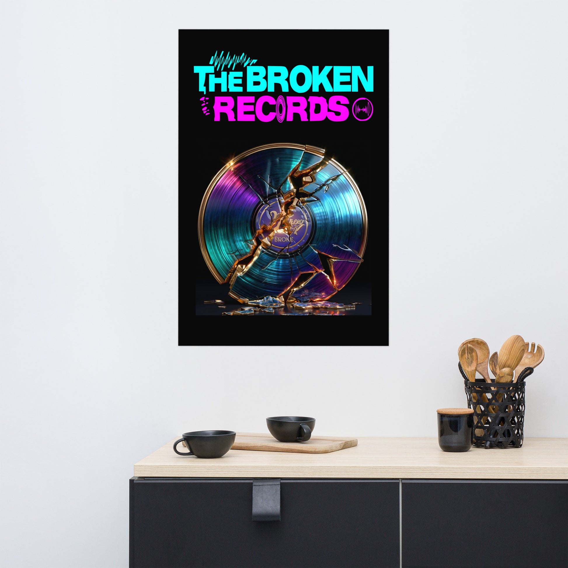 The Broken Records Album Art Poster 24” by 36” shown on the wall 