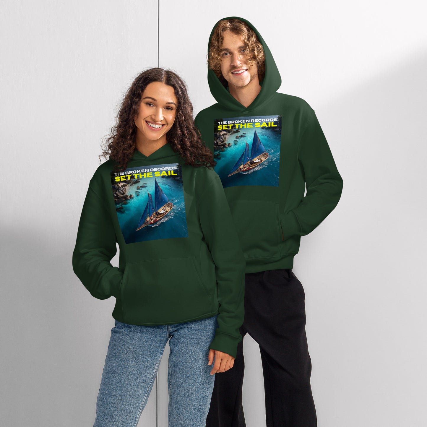 Set the Sail Oversized Heavyweight Rock Band Hoodie - Forest Green 