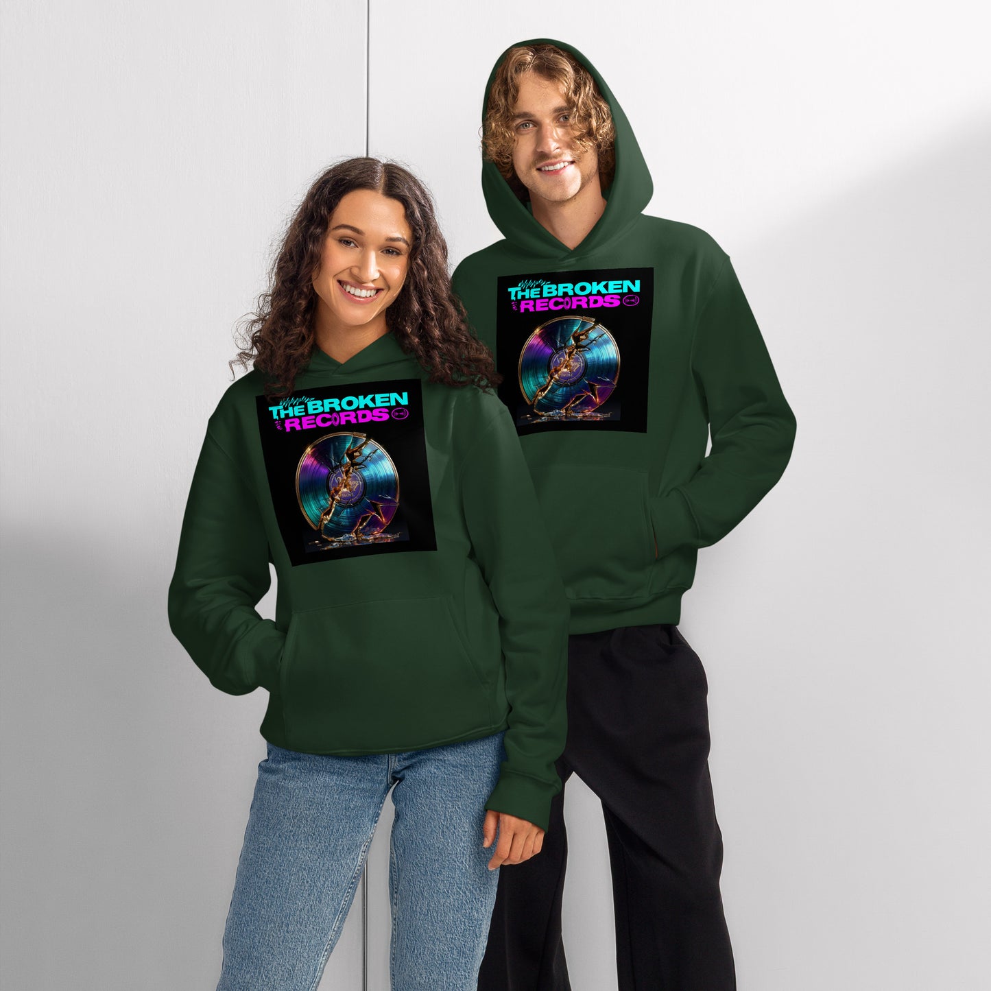 The Broken Records Album Oversized Heavyweight Rock Band Hoodie - Forest Green 