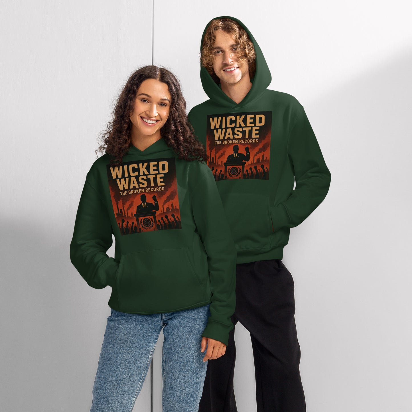 Wicked Waste Oversized Heavyweight Rock Band Hoodie - Forest Green 