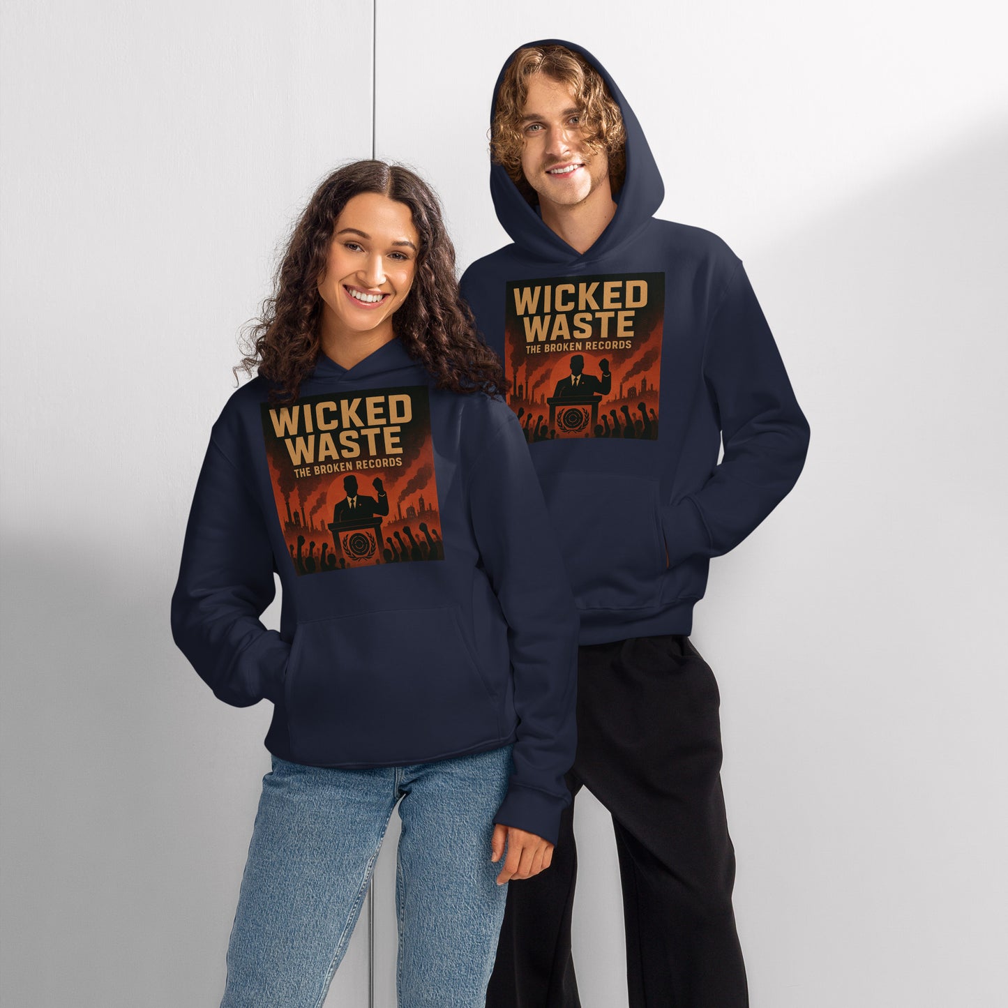 Wicked Waste Oversized Heavyweight Rock Band Hoodie - Navy 