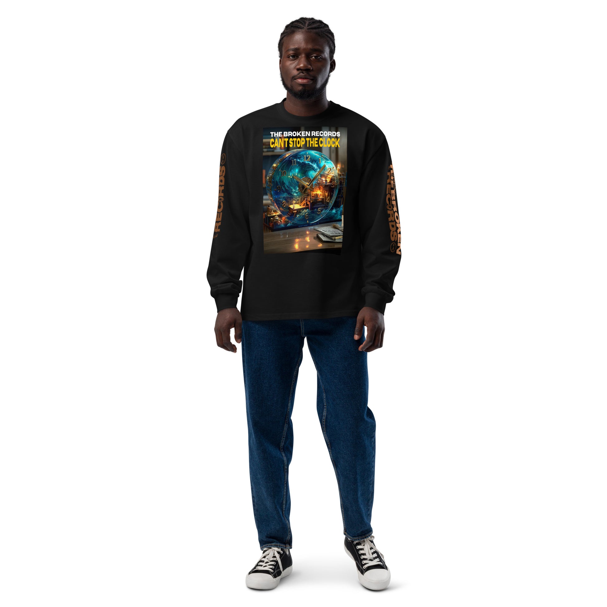 Can’t Stop the Clock Unisex Premium Heavyweight Long Sleeve Rock Band Shirt - Black 