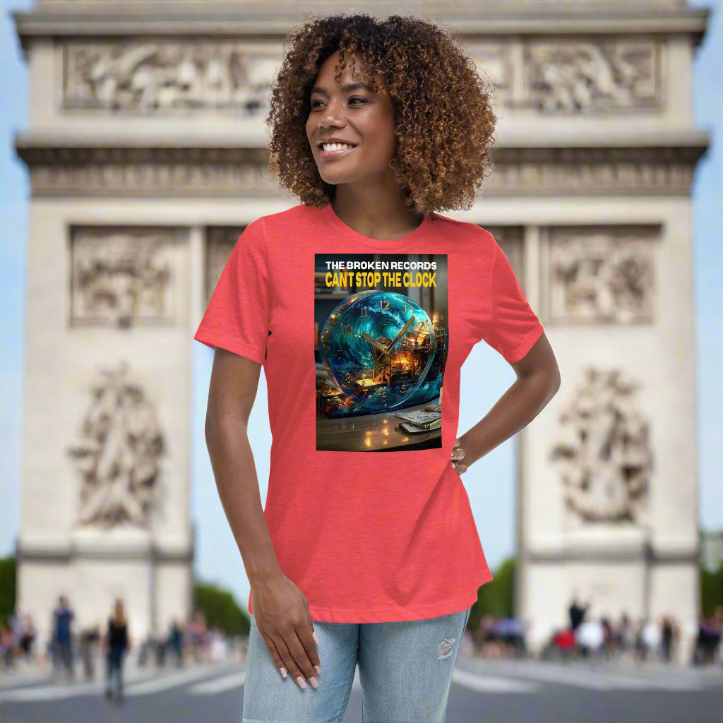 Can't Stop the Clock 1 Women's Relaxed Rock Band T-Shirt - Heather Red