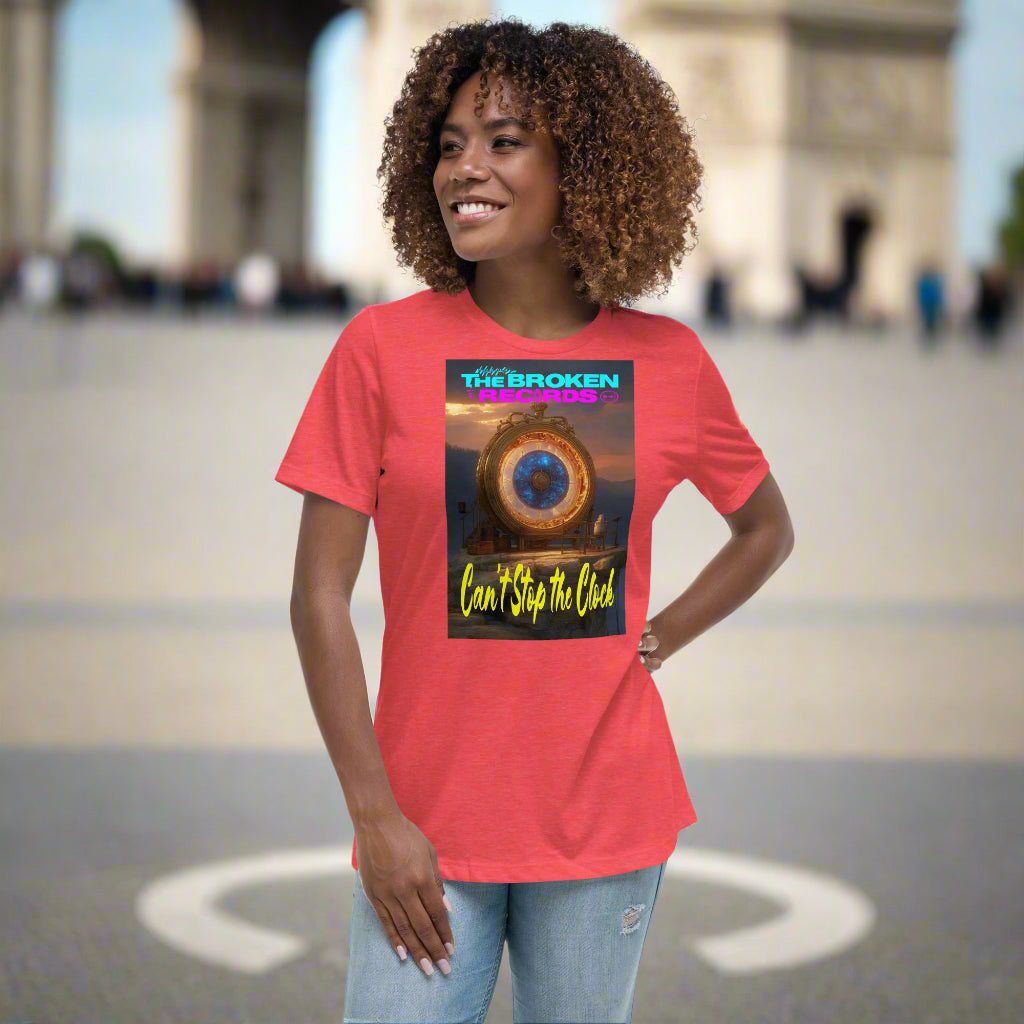 Can't Stop the Clock 2 Women's Relaxed Rock Band T-Shirt - Heather Red