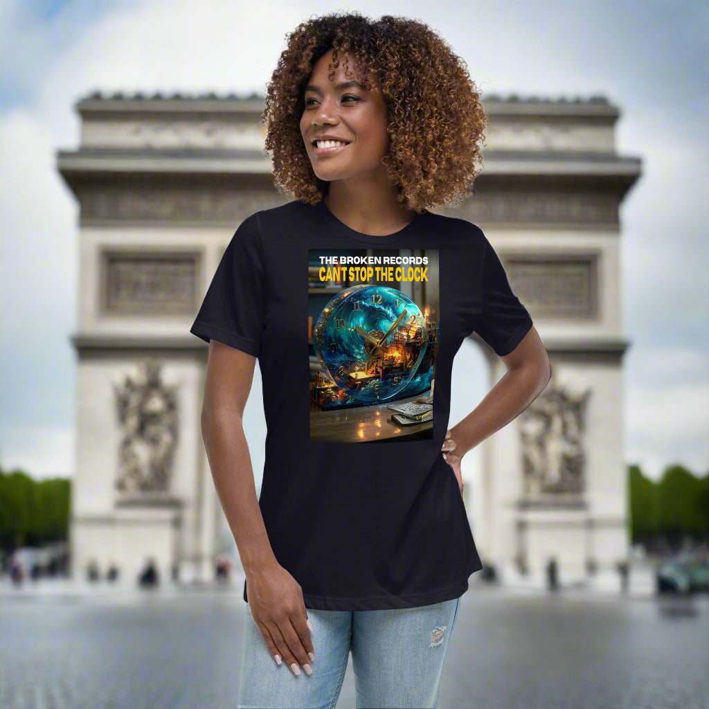 Can't Stop the Clock 1 Women's Relaxed Rock Band T-Shirt - Navy