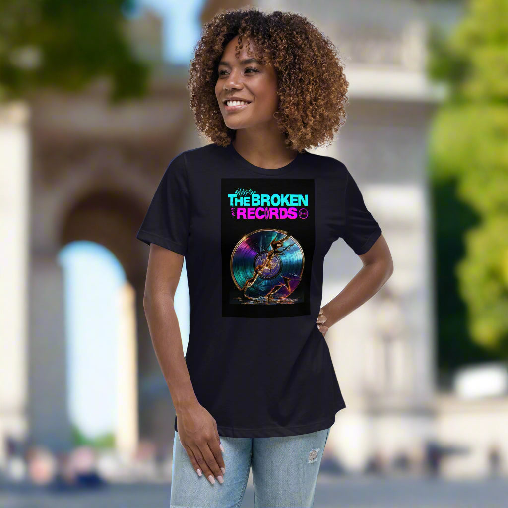 The Broken Records Album Women's Relaxed Rock Band T-Shirt - Navy