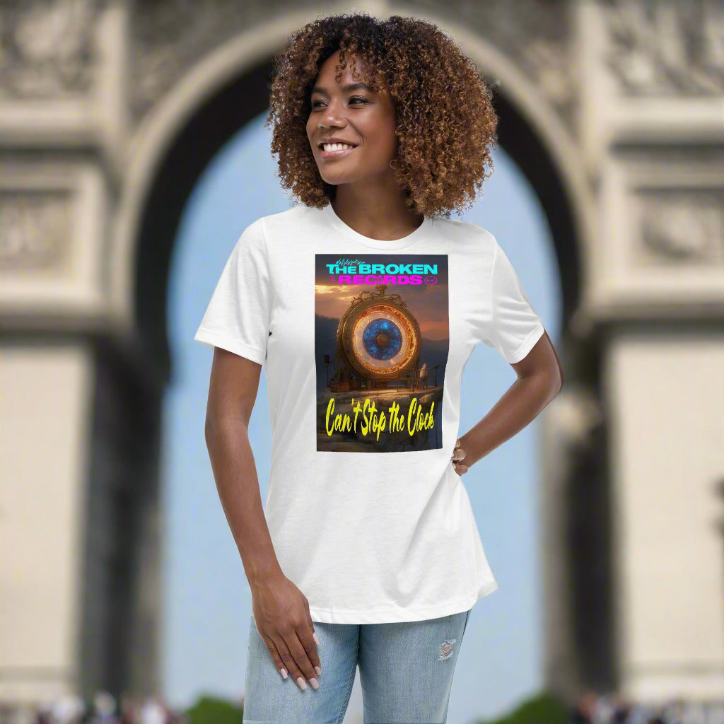 Can't Stop the Clock 2 Women's Relaxed Rock Band T-Shirt - White