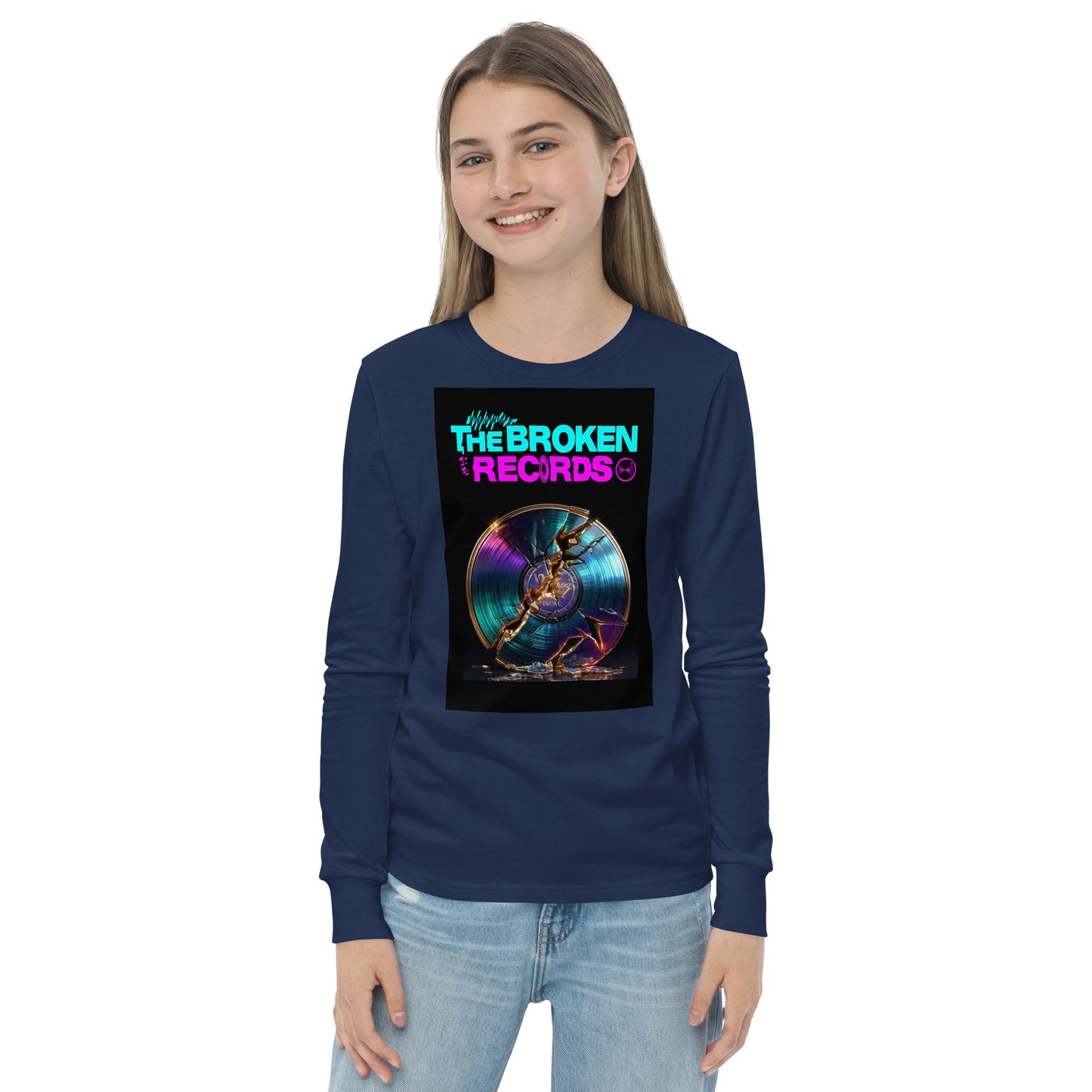 The Broken Records Album Youth Long Sleeve Rock Band T-Shirt - Navy